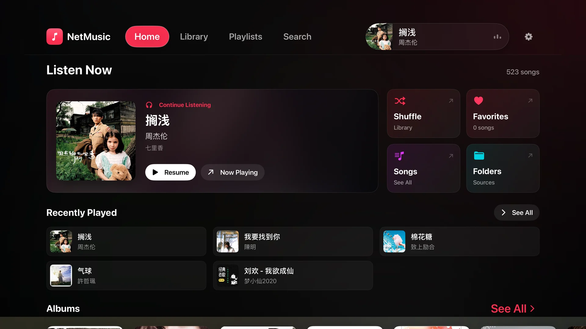NetMusic Apple TV home screen with continue listening, favorites and recently played music