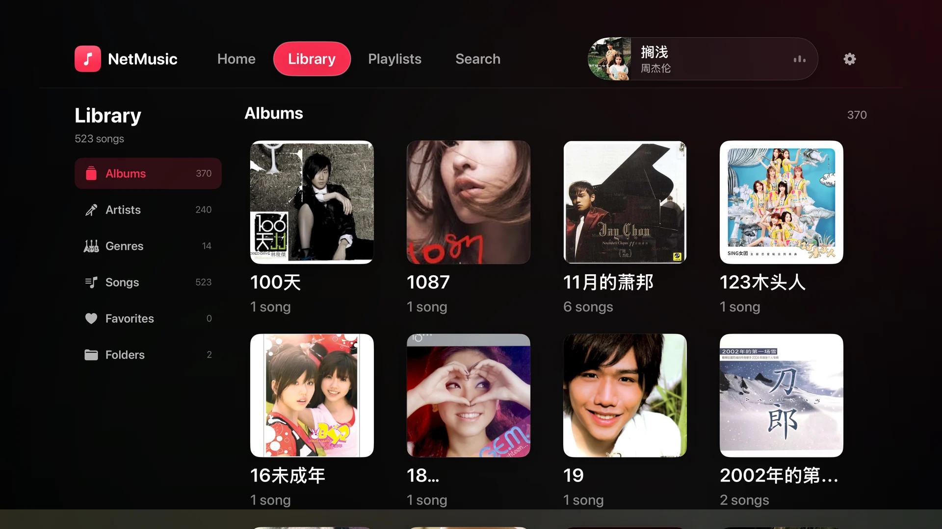 NetMusic Apple TV library with album artwork and categories for artists, songs, favorites and folders