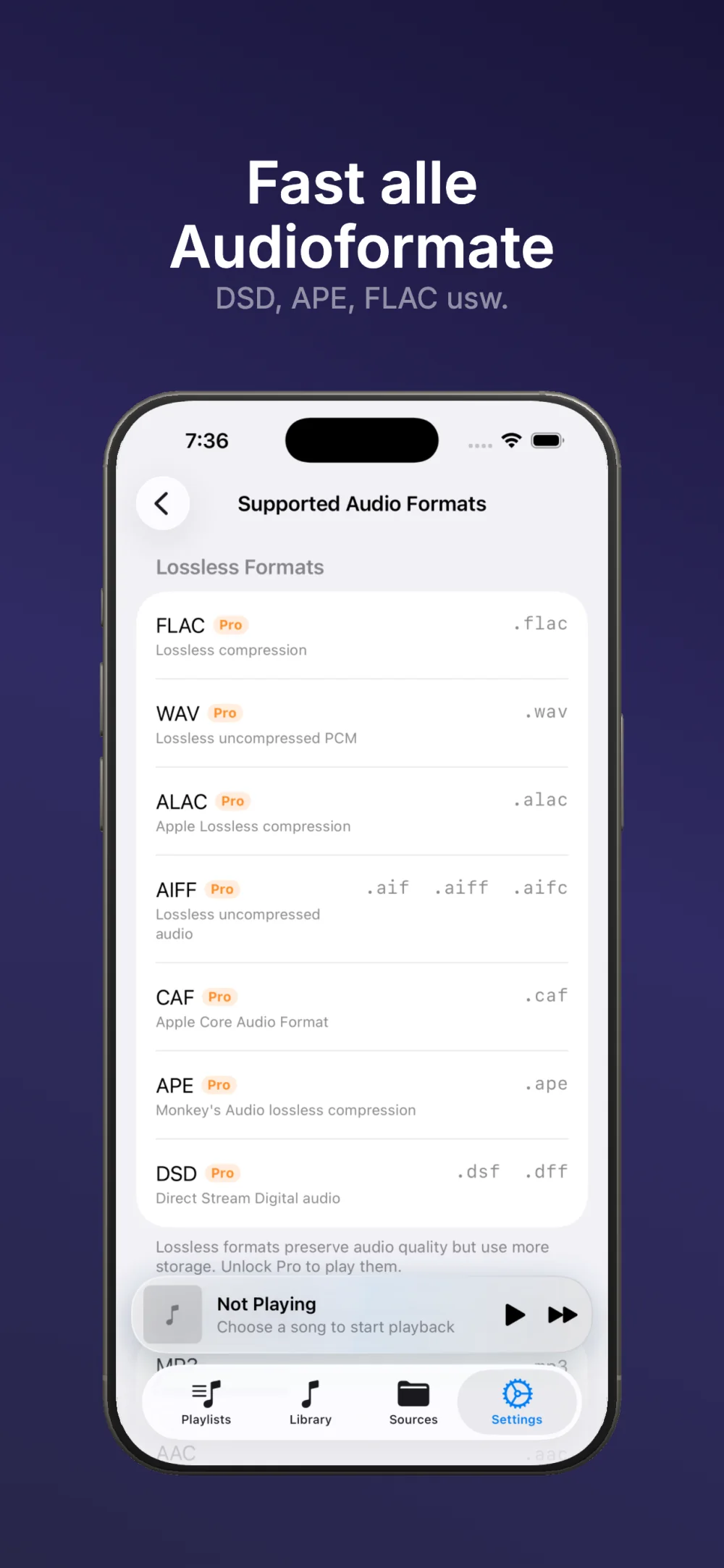 Von NetMusic unterstützte Audioformate einschließlich FLAC, APE und DSD