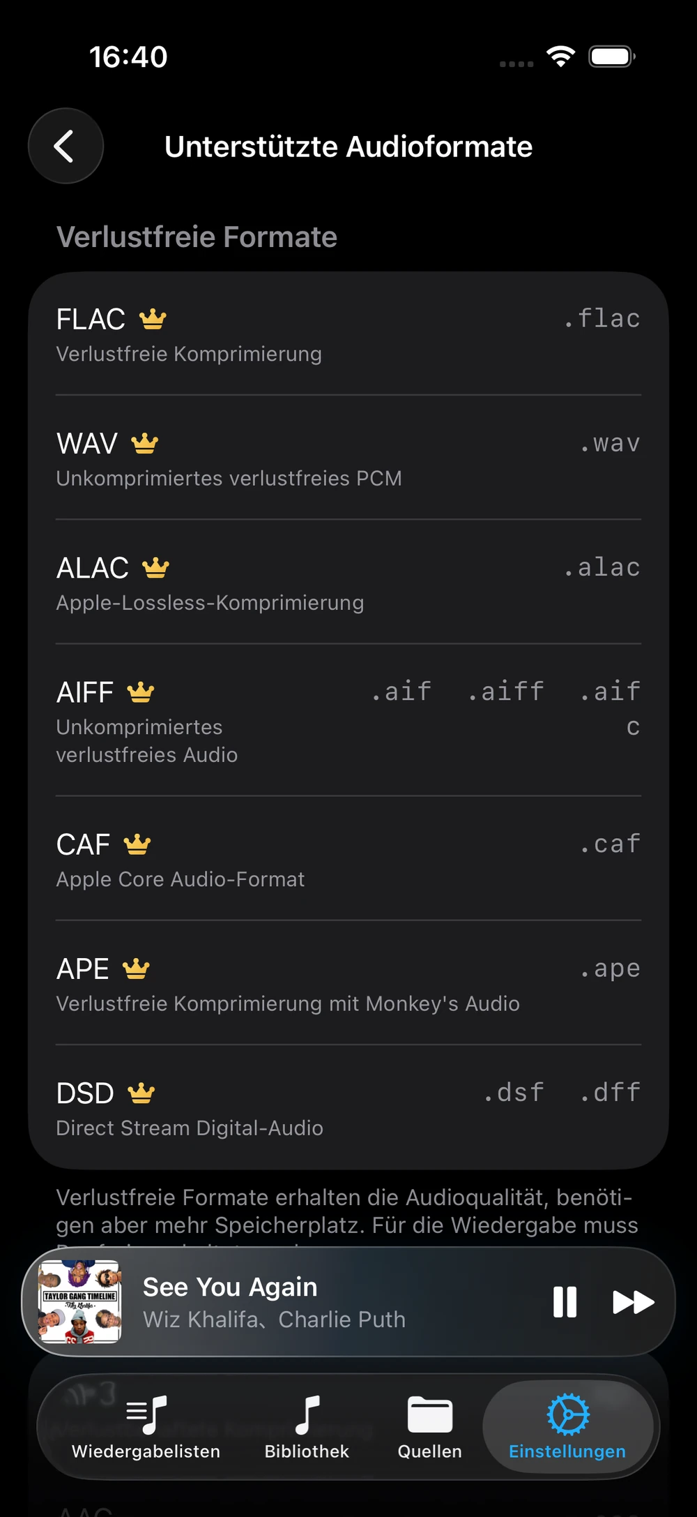Von NetMusic unterstützte Audioformate einschließlich FLAC, APE und DSD