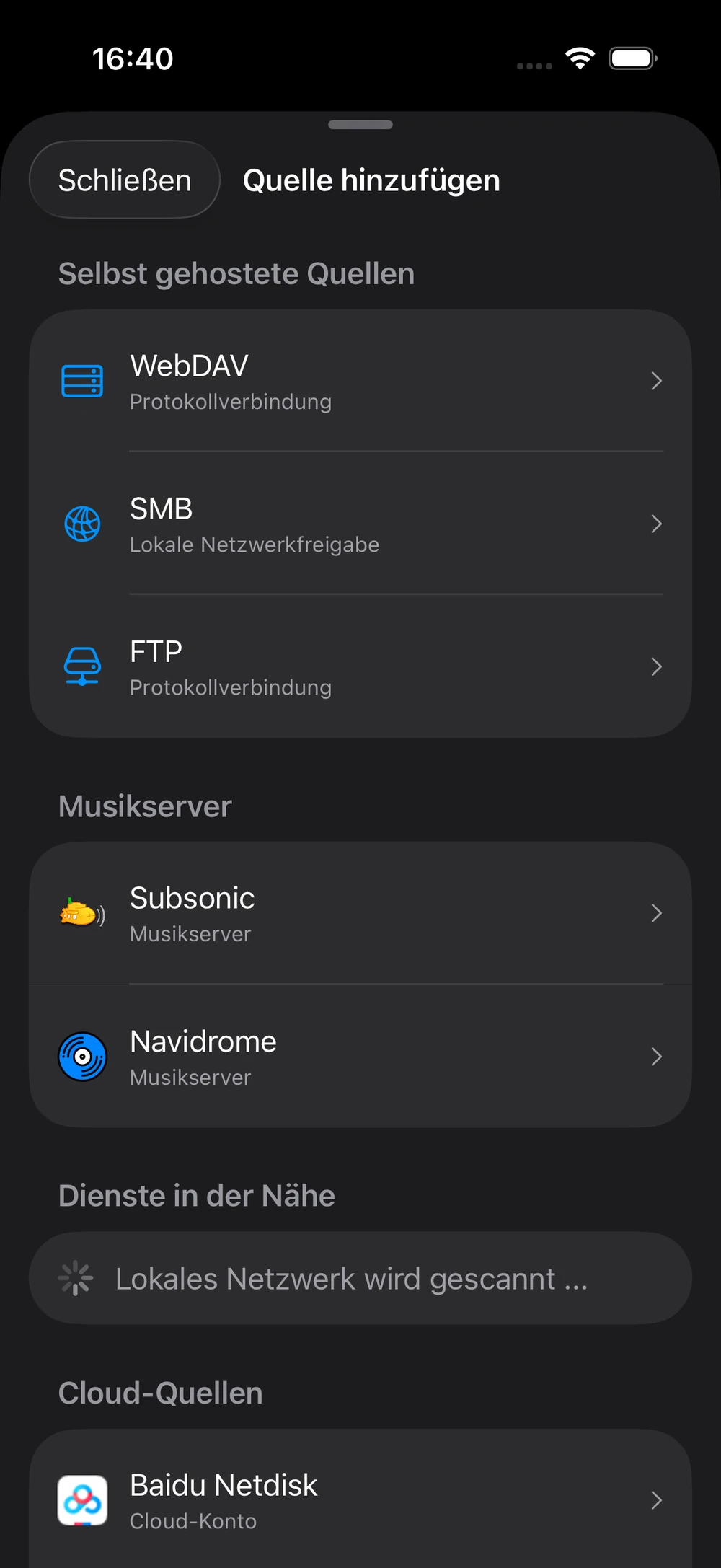NetMusic-Quellenauswahl mit Cloud-Speichern, eigenen Servern und Musikservern