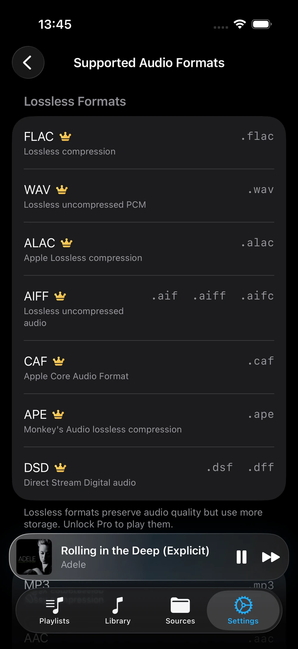 Supported audio formats in NetMusic including FLAC, APE and DSD