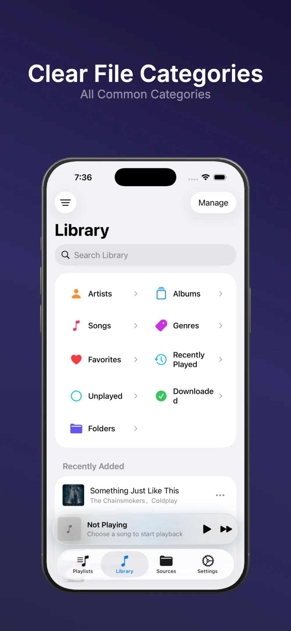 NetMusic library organized into artists, albums, genres, favorites and folders