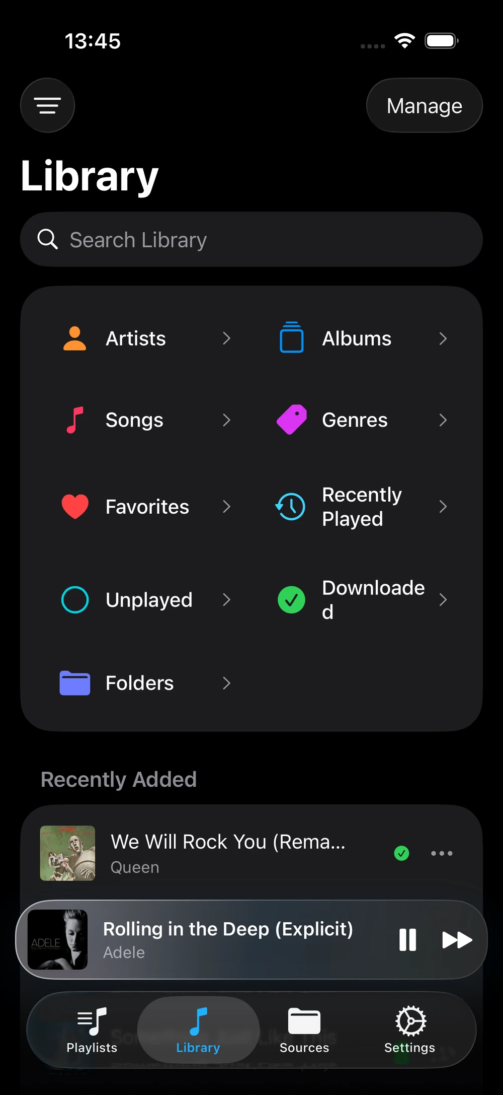 NetMusic library organized into artists, albums, genres, favorites and folders