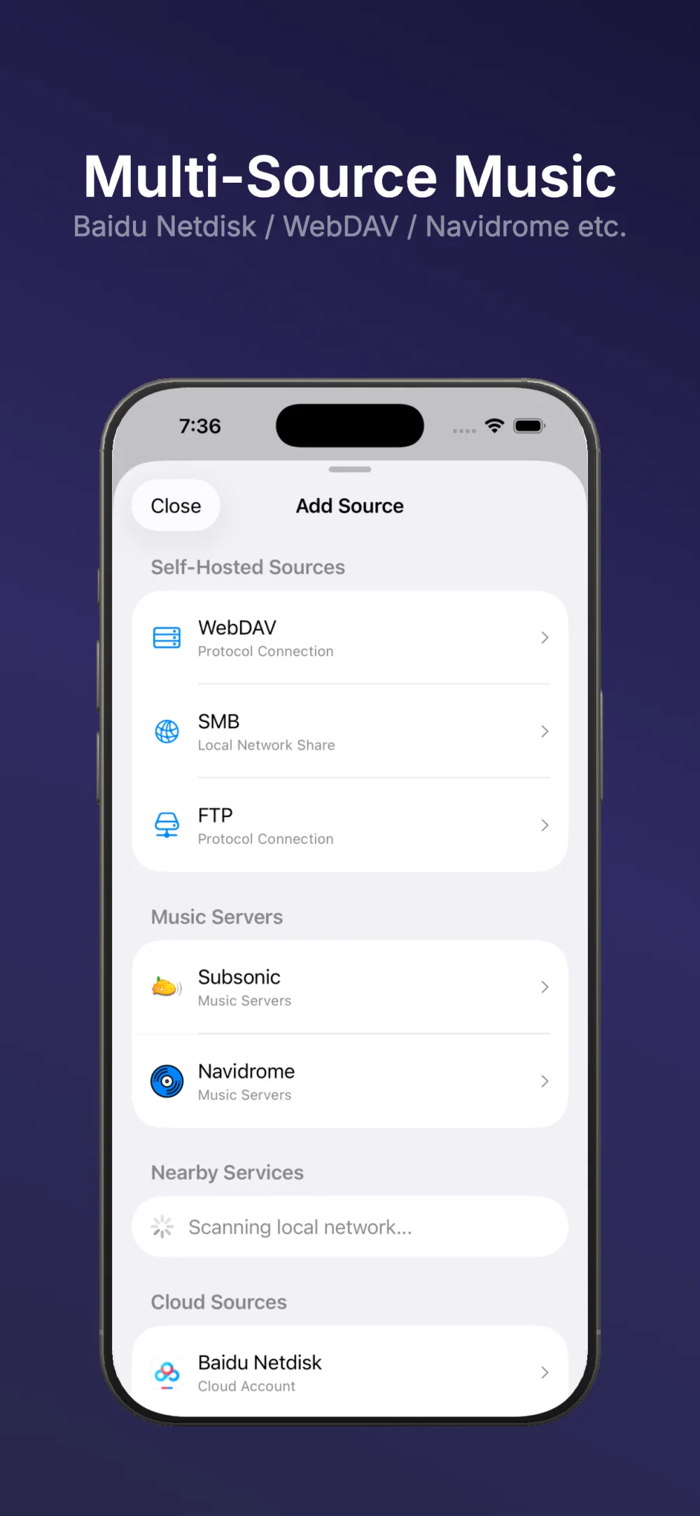 NetMusic source picker with cloud storage, self-hosted servers and music servers