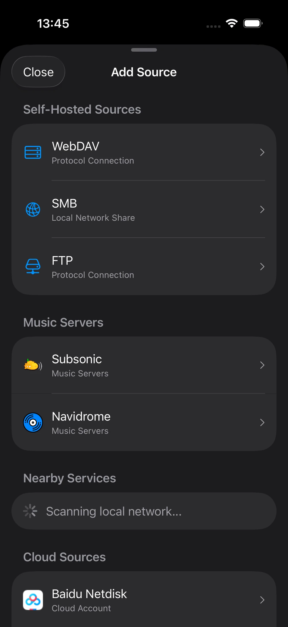 NetMusic source picker with cloud storage, self-hosted servers and music servers