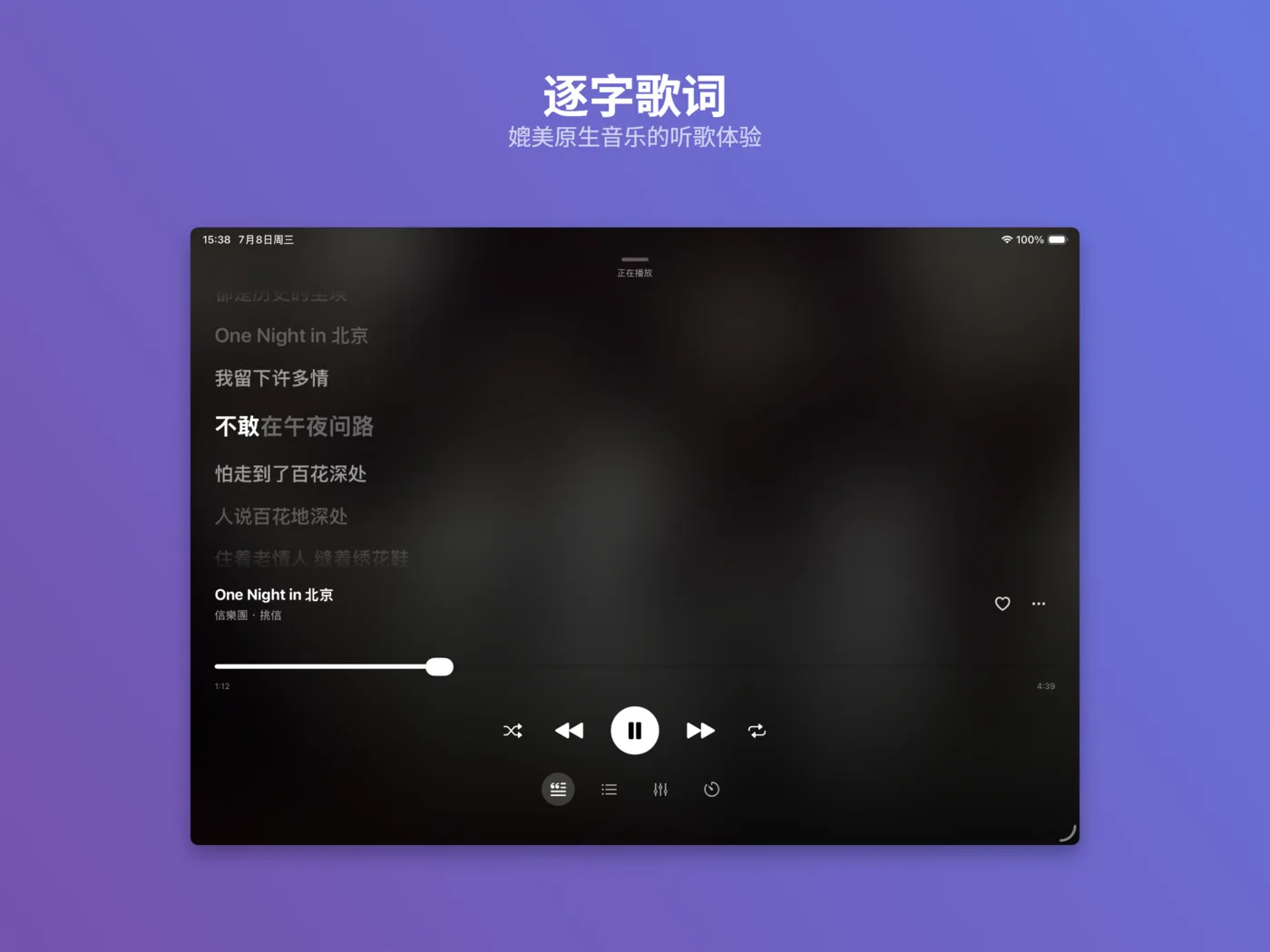 iPad 上的云听音乐逐字歌词